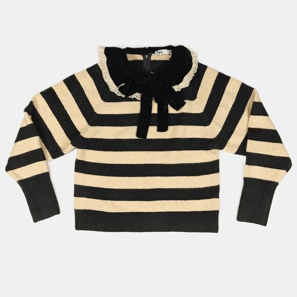 Zara Velvet Lace Ruffle Neck Striped Knit Sweater Size S Romantic Academia Twee - Picture 1 of 7
